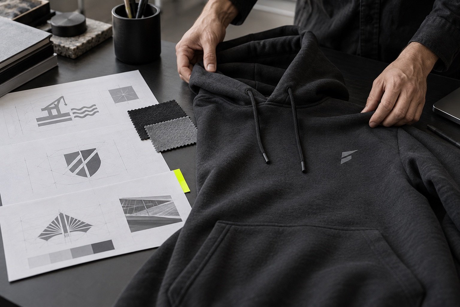 Diseño de una sudadera con emblemas ficticios sobre una mesa de trabajo