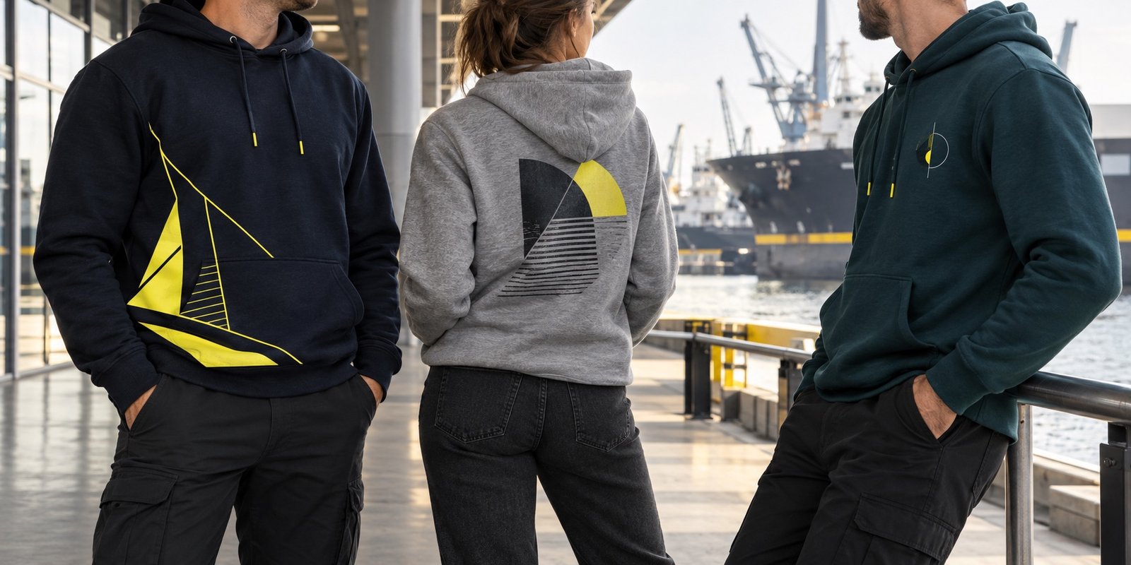 Tres personas con sudaderas personalizadas de ejemplo, vistas sin mostrar sus rostros