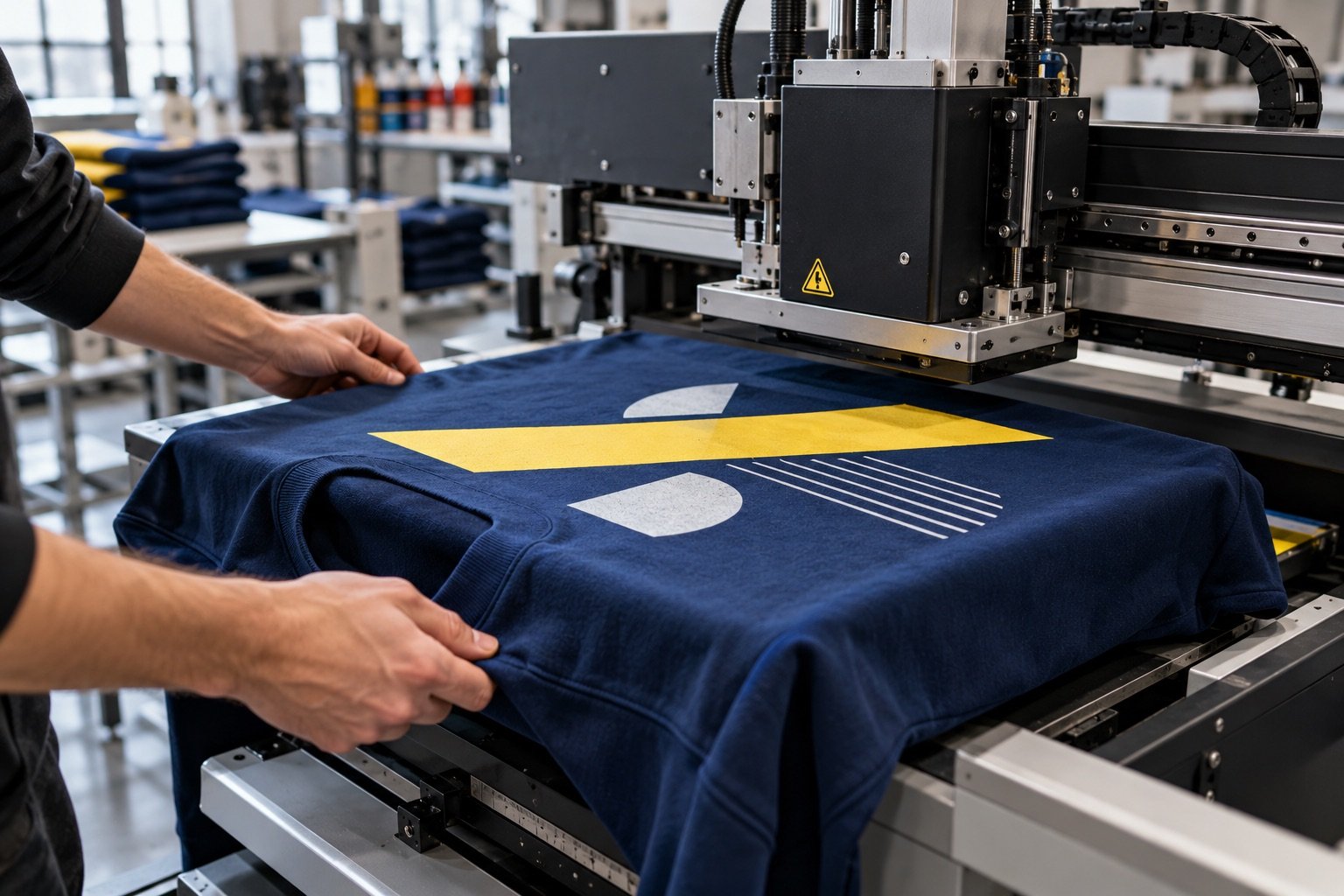 Impresión de un diseño geométrico ficticio sobre una prenda azul
